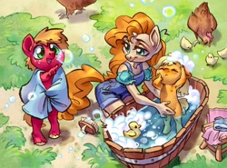 Size: 1280x945 | Tagged: safe, artist:holivi, applejack (mlp), big macintosh (mlp), pear butter (mlp), bird, chicken, earth pony, equine, fictional species, galliform, mammal, pony, anthro, friendship is magic, hasbro, my little pony, 2d, anthrofied, bath, bubbles, colt, cottagecore, cute, female, filly, foal, freckles, hand, hooves, male, mare, mature, mature female, puffy sleeves, rubber duck, toddler, toy, wholesome, young, younger