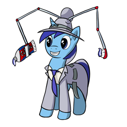 Size: 1138x1140 | Tagged: safe, artist:redquoz, minuette (mlp), equine, fictional species, mammal, pony, unicorn, feral, friendship is magic, hasbro, my little pony, blue eyes, blue fur, clothes, cyborg, female, fur, hair, hat, mare, necktie, on model, simple background, solo, solo female, striped hair, striped tail, stripes, tail, teeth, toothbrush, toothpaste, transparent background, trench coat