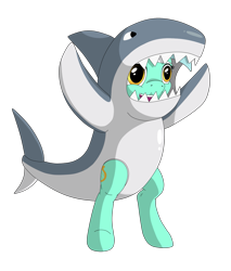 Size: 1333x1567 | Tagged: safe, artist:redquoz, lyra heartstrings (mlp), equine, fictional species, mammal, pony, unicorn, semi-anthro, friendship is magic, hasbro, my little pony, clothes, costume, female, fish tail, flippers, golden eyes, latex suit, left shark, shark tail, simple background, solo, solo female, tail, transparent background