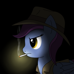 Size: 367x367 | Tagged: safe, artist:redquoz, oc, oc:comet chaser, equine, fictional species, mammal, pegasus, pony, feral, hasbro, my little pony, 1:1, black background, blue feathers, blue fur, feathers, fedora, fur, glowing, hair, looking at something, low res, purple hair, simple background, smoke, smoking, solo, trench coat, yellow eyes