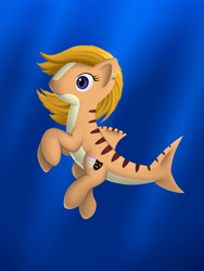 Size: 1500x2000 | Tagged: safe, artist:redquoz, equine, fictional species, fish, hybrid, mammal, pony, shark, shark pony, feral, belly button, blue background, ear piercing, earring, female, fins, fish tail, golden hair, mare, piercing, purple eyes, shark tail, simple background, solo, solo female, striped body, striped tail, stripes, swimming, tail, theater masks, water