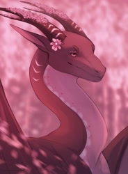 Size: 943x1280 | Tagged: safe, artist:haskiens, dragon, fictional species, reptile, scaled dragon, western dragon, feral, bust, flower, horns, portrait, solo