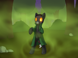 Size: 2700x2000 | Tagged: safe, artist:redquoz, oc, oc only, oc:gas mask pony, earth pony, equine, fictional species, mammal, pony, semi-anthro, hasbro, my little pony, female, fog, gas mask, glowing, glowing eyes, high res, latex, orange eyes, solo, solo female, swamp, tail, tree, trench coat, white tail