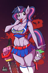Size: 791x1189 | Tagged: safe, artist:jaehthebird, juliet starling (lollipop chainsaw), nick carlyle (lollipop chainsaw), spike (mlp), twilight sparkle (mlp), dragon, equine, fictional species, mammal, pony, unicorn, anthro, friendship is magic, hasbro, lollipop chainsaw, my little pony, anthrofied, bottomwear, breasts, chainsaw, cleavage, clothes, cosplay, crossover, disembodied head, female, lollipop, male, male/female, shipping, skirt, twispike (mlp), voice actor joke, weapon