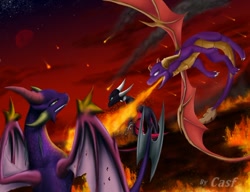 Size: 900x691 | Tagged: safe, artist:cynder-and-spyro-fan, cynder the dragon (spyro), malefor the dragon (spyro), spyro the dragon (spyro), dragon, fictional species, western dragon, feral, spyro the dragon (series), the legend of spyro, 2009, blood moon, burning, dragoness, female, fighting, fire, fire breathing, flying, grass, grass field, group, horns, male, moon, scenery, signature, spines, trio, wildfire, wings