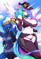 Size: 840x1200 | Tagged: safe, artist:slugbox, princess celestia (mlp), princess luna (mlp), alicorn, equine, fictional species, mammal, pony, anthro, friendship is magic, hasbro, my little pony, 2016, anthrofied, bandanna, belly button, belt, blue fur, blue hair, blue tail, bottomwear, bra, braid, breasts, chaps, choker, cleavage, clothes, cloud, cowgirl outfit, digital art, duo, eyelashes, feathered wings, feathers, female, females only, fingerless gloves, floppy ears, fluff, fur, gloves, green hair, green tail, gun, hair, handgun, hat, horn, jewelry, long gloves, looking at you, multicolored hair, open mouth, outdoors, panties, pants, pink hair, pink tail, pistol, purple eyes, revolver, siblings, sister, skirt, sky, socks, tail, thong, underwear, weapon, white feathers, white fur, wings, zettai ryouiki
