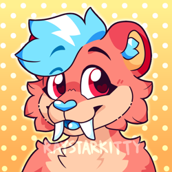 Size: 700x700 | Tagged: safe, artist:raystarkitty, oc, oc only, oc:venus (solarsaber), big cat, feline, mammal, saber-toothed cat, anthro, 2020, abstract background, commission, english text, female, fluff, gradient background, heart, heart eyes, icon, looking at you, obtrusive watermark, red eyes, sabertooth (anatomy), signature, solo, solo female, teeth, text, watermark, wingding eyes