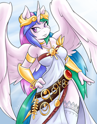 Size: 3300x4200 | Tagged: safe, artist:ambris, palutena (kid icarus), princess celestia (mlp), alicorn, equine, fictional species, mammal, pony, anthro, friendship is magic, hasbro, kid icarus (game), my little pony, nintendo, anthrofied, blue hair, bracelet, breasts, choker, clothes, cosplay, crossover, crown, dress, eyelashes, feathered wings, feathers, female, fluff, fur, green hair, hair, hand on hip, horn, jewelry, legwear, mare, multicolored hair, necklace, pink hair, purple eyes, regalia, socks, solo, solo female, tail, thigh highs, white fur, wings