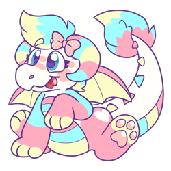Size: 700x700 | Tagged: safe, artist:raystarkitty, part of a set, oc, oc only, oc:lillie (candytheotter), dragon, fictional species, reptile, scaled dragon, western dragon, feral, series:raystarkitty's charms, 2020, blue eyes, bow, commission, female, heart, heart eyes, paw pads, paws, simple background, sitting, solo, solo female, tail, transparent background, wingding eyes, wings
