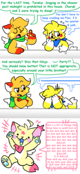 Size: 900x1933 | Tagged: safe, artist:raystarkitty, oc, oc:flan (raystarkitty), oc:twinkie (raystarkitty), cat, feline, fictional species, hybrid, mammal, pikachu, semi-anthro, nintendo, pokémon, 2020, black eyes, brother, brother and sister, comic, dialogue, female, funny, group, lyrics, male, ninja sex party, paw pads, paws, pikacat, siblings, simple background, sister, sisters, speech bubble, swearing, tail, talking, text, trio, vulgar, white background, wings