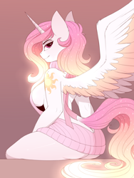 Size: 1916x2550 | Tagged: safe, artist:evehly, princess celestia (mlp), alicorn, equine, fictional species, mammal, pony, anthro, friendship is magic, hasbro, my little pony, anthrofied, bedroom eyes, big wings, breasts, butt, clothes, colored wings, cutie mark, ear fluff, eyelashes, feathered wings, feathers, female, fluff, fur, glowing, glowing hair, hair, high res, horn, long tail, looking at you, looking back, looking back at you, multicolored hair, multicolored wings, open-back sweater, pink hair, pink tail, sideboob, simple background, sitting, sleeveless sweater, smiling, solo, solo female, sparkly mane, sparkly tail, sweater, tail, topwear, virgin killer sweater, white feathers, white fur, wings, yellow hair, yellow tail
