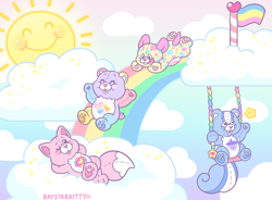 Size: 1088x799 | Tagged: safe, artist:raystarkitty, oc, oc only, bear, cat, chipmunk, feline, fictional species, hamster, mammal, rodent, semi-anthro, art fight, care bears, 2020, ambiguous gender, care bear, cloud, cute, english text, group, paw pads, paws, rainbow, signature, sky, sun, text, watermark