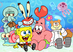 Size: 1200x857 | Tagged: safe, artist:raystarkitty, gary the snail (spongebob), mr. krabs (spongebob), patrick star (spongebob), sandy cheeks (spongebob), spongebob (spongebob), squidward tentacles (spongebob), arthropod, crab, crustacean, jellyfish, mammal, mollusk, octopus, rodent, snail, sponge (species), squirrel, starfish, anthro, feral, plantigrade anthro, nickelodeon, spongebob squarepants (series), 2020, cute, female, group, heart, heart eyes, male, sitting, smiling, tentacles, wingding eyes