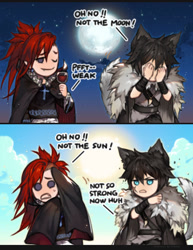 Size: 800x1036 | Tagged: safe, artist:kawacy, vampire cookie (cookie run), animal humanoid, canine, fictional species, mammal, undead, vampire, werewolf, wolf, humanoid, cookie run, 2015, comic, dialogue, duo, duo male, english text, funny, humanoidized, male, males only, moon, sun, talking, text, werewolf cookie (cookie run)