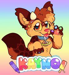 Size: 904x985 | Tagged: safe, artist:raystarkitty, oc, oc only, oc:kayno (kaynopup), canine, dinosaur, dog, hybrid, mammal, semi-anthro, 2020, abstract background, badge, blue eyes, brown eyes, claws, color porn, commission, cute, female, fluff, gradient background, heart, heart eyes, heterochromia, looking at you, paw pads, paws, rainbow background, signature, solo, solo female, text, wingding eyes