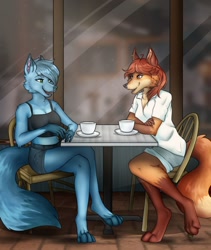 Size: 1024x1216 | Tagged: safe, artist:ali-selle, canine, feline, fox, mammal, anthro, blue body, blue fur, blue hair, bottomwear, brown body, brown fur, brown hair, cafe, chair, clothes, coffee, coffee cup, container, cup, duo, ears, female, fur, green eyes, hair, looking at each other, open mouth, paws, shirt, shorts, sitting, smiling, table, tail, tan body, tan fur, tank top, topwear