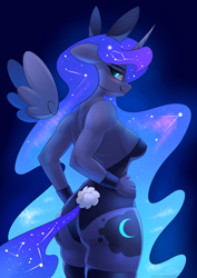 Size: 2480x3507 | Tagged: safe, artist:underpable, part of a set, princess luna (mlp), alicorn, equine, fictional species, mammal, pony, anthro, friendship is magic, hasbro, my little pony, anthrofied, bedroom eyes, blue feathers, blue fur, blue hair, blue tail, blushing, breasts, bunny ears, bunny suit, butt, cleavage, clothes, cutie mark, ethereal mane, eyelashes, feathers, female, floating wings, floppy ears, fur, gradient background, hair, hand on hip, high res, horn, legwear, leotard, long hair, looking at you, looking back, looking back at you, mare, multicolored hair, sideboob, smiling, solo, solo female, stockings, tail, thigh highs, wings, wristband