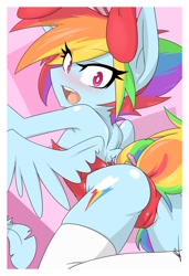 Size: 1024x1499 | Tagged: suggestive, artist:red-poni, rainbow dash (mlp), equine, fictional species, mammal, pegasus, pony, anthro, friendship is magic, hasbro, my little pony, 2014, abstract background, anthrofied, blushing, bunny ears, bunny suit, cameltoe, clothes, female, looking at you, magenta eyes, solo, solo female, wings
