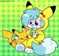 Size: 1024x969 | Tagged: safe, artist:raystarkitty, oc, oc:onyx (king 0nyx), canine, fictional species, mammal, pikachu, semi-anthro, nintendo, pokémon, 2020, abstract background, ambiguous gender, clothes, color porn, commission, costume, drink, duo, heart, heart eyes, juice, juice box, male, paw pads, paws, signature, sitting, text, wingding eyes