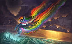 Size: 1920x1200 | Tagged: safe, artist:rain-gear, rainbow dash (mlp), equine, fictional species, mammal, pegasus, pony, feral, friendship is magic, hasbro, my little pony, 8:5, blue body, blue fur, clothes, cloud, cloudy, cutie mark, digital art, digital painting, feathered wings, feathers, female, flying, fur, hair, hooves, mane, mare, ocean, outdoors, rainbow hair, rainbow mane, rainbow tail, rainbow trail, redraw, scarf, scenery, scenery porn, solo, solo female, spread wings, stars, sunbeam, tail, water, wave, wings