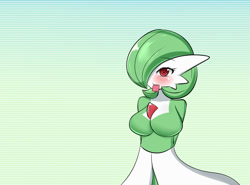 Size: 1080x800 | Tagged: dead source, suggestive, alternate version, artist:sana!rpg, fictional species, gardevoir, anthro, nintendo, pokémon, 2016, blushing, breasts, condom, condom in mouth, featureless breasts, female, holding, mouth hold, smiling, solo, solo female