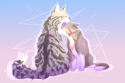 Size: 1280x853 | Tagged: safe, artist:kitzat, feathertail (warrior cats), tawnypelt (warrior cats), cat, feline, mammal, feral, warrior cats, 2017, abstract background, duo, duo female, female, male, male/female, nuzzling, shipping, sitting, tail, tawnyfeather (warrior cats)