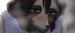 Size: 1436x643 | Tagged: safe, artist:naranahiromi, oc, oc only, oc:minami, canine, mammal, raccoon dog, anthro, 2018, bedroom eyes, blushing, clothes, cropped, female, licking lips, solo, solo female, tongue, tongue out