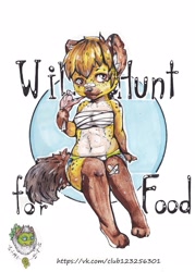 Size: 1543x2160 | Tagged: safe, artist:blue_formalin, oc, oc only, bovid, caprine, hyena, lamb, mammal, sheep, anthro, digitigrade anthro, comic:will hunt for food, 2017, bandage, bandaid, bust, comic, cover art, english text, female, licking lips, sitting, smiling, text, tongue, tongue out
