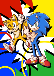 Size: 725x1012 | Tagged: safe, artist:aztralproyection, miles "tails" prower (sonic), sonic the hedgehog (sonic), canine, fox, hedgehog, mammal, red fox, anthro, plantigrade anthro, sega, sonic the hedgehog (series), 2020, abstract background, blue eyes, clothes, dipstick tail, duo, duo male, fluff, gloves, green eyes, male, males only, multiple tails, orange tail, quills, tail, tail fluff, two tails, white tail
