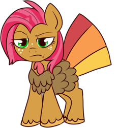 Size: 376x406 | Tagged: safe, artist:lulubell, babs seed (mlp), bird, earth pony, equine, fictional species, galliform, mammal, pony, turkey, feral, friendship is magic, hasbro, my little pony, clothes, costume, female, filly, foal, freckles, frowning, low res, not amused face, simple background, solo, solo female, tail, transparent background, young