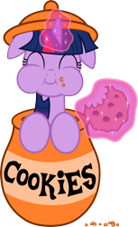 Size: 3533x5757 | Tagged: safe, artist:filpapersoul, twilight sparkle (mlp), equine, fictional species, mammal, pony, unicorn, feral, friendship is magic, hasbro, my little pony, absurd resolution, cookie, eating, eyes closed, female, food, glowing, glowing horn, horn, jar, mare, simple background, smiling, solo, solo female, tail, telekinesis, transparent background, vector