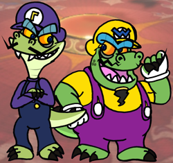 Size: 1520x1428 | Tagged: safe, artist:aso-designer, komodo joe (crash bandicoot), komodo moe (crash bandicoot), waluigi (mario), wario (mario), komodo dragon, lizard, monitor lizard, reptile, anthro, crash bandicoot (series), mario (series), nintendo, brother, brothers, cosplay, crossover, duo, duo male, male, males only, siblings, tail