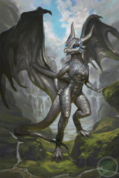 Size: 733x1100 | Tagged: safe, artist:sixthleafclover, dragon, fictional species, reptile, scaled dragon, anthro, digitigrade anthro, blue eyes, claws, cloud, dragoness, female, filigree, front view, gray body, horns, looking at something, open mouth, outdoors, scales, scenery, scenery porn, signature, solo, solo female, standing, tail, water, waterfall, watermark, webbed wings, wings, wings open