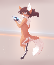 Size: 2500x3000 | Tagged: safe, artist:reysi, chell (portal), cat, feline, mammal, feral, portal (game), valve, abstract background, back fluff, barefoot, bipedal, brown hair, butt fluff, ear fluff, elbow fluff, female, fluff, gray eyes, hair, high res, paw pads, paws, portal gun, signature, silver eyes, solo, solo female, species swap, tail, tail fluff