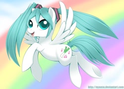 Size: 900x643 | Tagged: safe, artist:nyaasu, miku hatsune (vocaloid), equine, fictional species, mammal, pegasus, pony, feral, friendship is magic, hasbro, my little pony, vocaloid, crossover, female, feralized, furrified, mare, ponified, solo, solo female, species swap, tail, twintails, wings