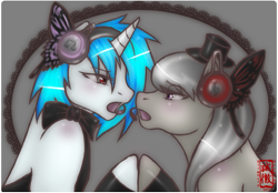 Size: 721x503 | Tagged: safe, artist:slightly-stratus, octavia melody (mlp), vinyl scratch (mlp), earth pony, equine, fictional species, mammal, pony, unicorn, semi-anthro, friendship is magic, hasbro, my little pony, vocaloid, crossover, female, female/female, headphones, horn, magnet (vocaloid), scratchtavia (mlp)