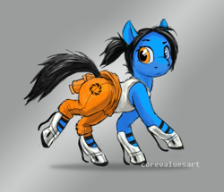 Size: 1280x1100 | Tagged: safe, artist:corevaluesart, chell (portal), earth pony, equine, fictional species, mammal, pony, feral, friendship is magic, hasbro, my little pony, portal (game), valve, black hair, black mane, black tail, blue body, blue eyes, blue fur, boots, bottomwear, clothes, crossover, eyebrows, female, feralized, fur, furrified, gradient background, gray background, hair, heterochromia, jumpsuit, looking at you, mane, mare, orange eyes, pants, ponified, quadrupedal, raised eyebrow, running, shoes, simple background, solo, solo female, species swap, tail, tank top, topwear