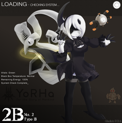 Size: 3000x3025 | Tagged: safe, artist:gladioh, 2b (nier:automata), pod 042 (nier:automata), absol, fictional species, magnemite, anthro, nier:automata, nintendo, pokémon, square enix, anthrofied, bottomwear, clothes, crossover, female, high res, pokéfied, skirt, solo, solo female, species swap, tail