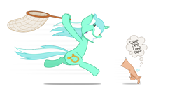 Size: 1238x645 | Tagged: safe, artist:zutheskunk, lyra heartstrings (mlp), thing (the addams family), equine, fictional species, hand creature, mammal, monster, pony, undead, unicorn, feral, humanoid, friendship is magic, hasbro, my little pony, the addams family, bipedal, butterfly net, chasing, crossover, disembodied hand, duo, eyelashes, eyes on the prize, female, grin, hair, hand, horn, human lovers, male, mare, net, running, side view, simple background, tail, transparent background