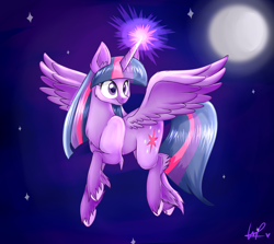 Size: 2800x2500 | Tagged: safe, artist:shyshyoctavia, twilight sparkle (mlp), alicorn, equine, fictional species, mammal, pony, feral, friendship is magic, hasbro, my little pony, feathered wings, feathers, female, flying, glowing, glowing horn, high res, horn, mare, moon, night, signature, smiling, solo, solo female, spread wings, tail, wings