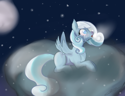 Size: 1300x1000 | Tagged: safe, artist:leasmile, oc, oc only, oc:snowdrop, equine, fictional species, mammal, pegasus, pony, feral, friendship is magic, hasbro, my little pony, cloud, crying, feathered wings, feathers, female, filly, foal, looking up, moon, night, on a cloud, solo, solo female, tail, wings, young