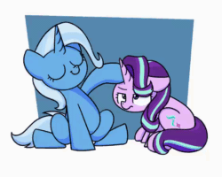 Size: 560x448 | Tagged: safe, artist:sugar morning, starlight glimmer (mlp), trixie (mlp), equine, fictional species, mammal, pony, unicorn, feral, friendship is magic, hasbro, my little pony, 2d, 2d animation, abstract background, animated, annoyed, cute, cutie mark, duo, duo female, eyelashes, eyes closed, female, frame by frame, gif, hair, head pat, horn, mare, not amused face, pat, patting, petting, purple hair, smiling, sugar morning is trying to murder us, tail, unamused