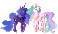 Size: 2271x1334 | Tagged: safe, artist:tokiball12345, princess celestia (mlp), princess luna (mlp), alicorn, equine, fictional species, mammal, pony, feral, friendship is magic, hasbro, my little pony, clothes, crown, duo, duo female, eyes closed, feathered wings, feathers, female, folded wings, horn, mare, peytral, regalia, shoes, signature, simple background, smiling, sparkly mane, sparkly tail, tail, white background, wings