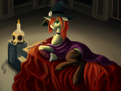 Size: 1600x1200 | Tagged: safe, artist:adalbertus, oc, oc only, equine, fictional species, mammal, pony, unicorn, feral, friendship is magic, hasbro, my little pony, blanket, candle, clothes, dagger, female, hat, horn, mare, sitting, skull, smiling, solo, solo female, table, tail, wizard hat