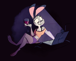 Size: 1867x1494 | Tagged: safe, artist:fluttershythekind, judy hopps (zootopia), lagomorph, mammal, rabbit, anthro, disney, zootopia, alcohol, belly button, clothes, computer, crop top, cropped shirt, drink, female, laptop, midriff, solo, solo female, tail, topwear, webcam, wine, wine glass