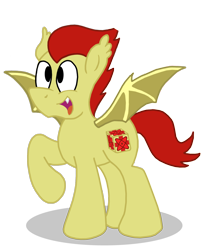 Size: 1384x1684 | Tagged: safe, artist:sketchymouse, oc, oc only, bat pony, equine, fictional species, mammal, pony, feral, friendship is magic, hasbro, my little pony, abstract background, bat wings, black eyes, ear tuft, fangs, fur, hair, male, mane, one leg raised, raised leg, red hair, red mane, red tail, sharp teeth, simple background, smiling, solo, solo male, stallion, tail, teeth, transparent background, webbed wings, wings, yellow body, yellow fur