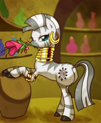Size: 821x1000 | Tagged: safe, artist:アララギ夏樹, zecora (mlp), equine, mammal, zebra, feral, friendship is magic, hasbro, my little pony, 2013, bracelet, butt, cask, cauldron, ear piercing, earring, female, flower, holding, jewelry, lidded eyes, looking back, mouth hold, neck rings, piercing, solo, solo female, tail