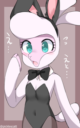 Size: 700x1120 | Tagged: safe, artist:picklescatt, pom lamb (tfh), bovid, caprine, mammal, sheep, semi-anthro, them's fightin' herds, blushing, bunny ears, bunny suit, clothes, solo, ungulate