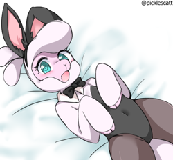 Size: 640x594 | Tagged: suggestive, artist:picklescatt, pom lamb (tfh), bovid, caprine, mammal, sheep, feral, them's fightin' herds, blushing, bunny ears, bunny suit, clothes, solo