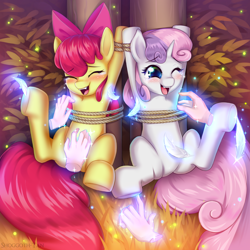 Size: 1280x1280 | Tagged: safe, artist:shoggoth-tan, apple bloom (mlp), sweetie belle (mlp), earth pony, equine, fictional species, mammal, pony, unicorn, feral, friendship is magic, hasbro, my little pony, blushing, bondage, bow, bush, crying, disembodied hand, duo focus, eyebrow through hair, eyebrows, eyelashes, eyes closed, feathers, featureless crotch, female, female focus, filly, foal, forest, fur, grass, hair, hands, horn, laughing, magic, one eye closed, open mouth, outdoors, pink hair, red hair, restrained legs, rope, signature, solo focus, spread legs, tail, teeth, tickle torture, tickling, white fur, yellow fur, young